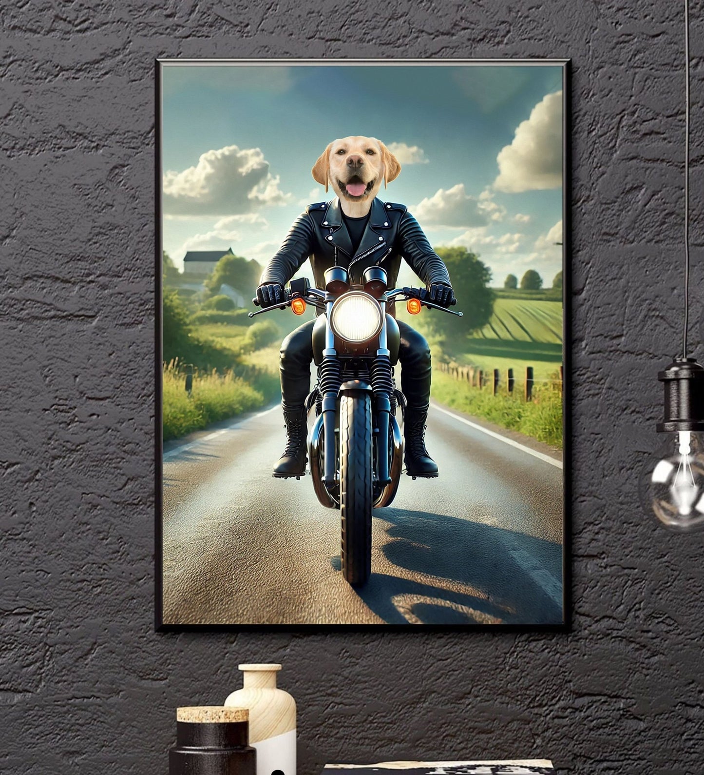 Custom Biker Pet Portrait Pet on Motorbike - Laila Shack
