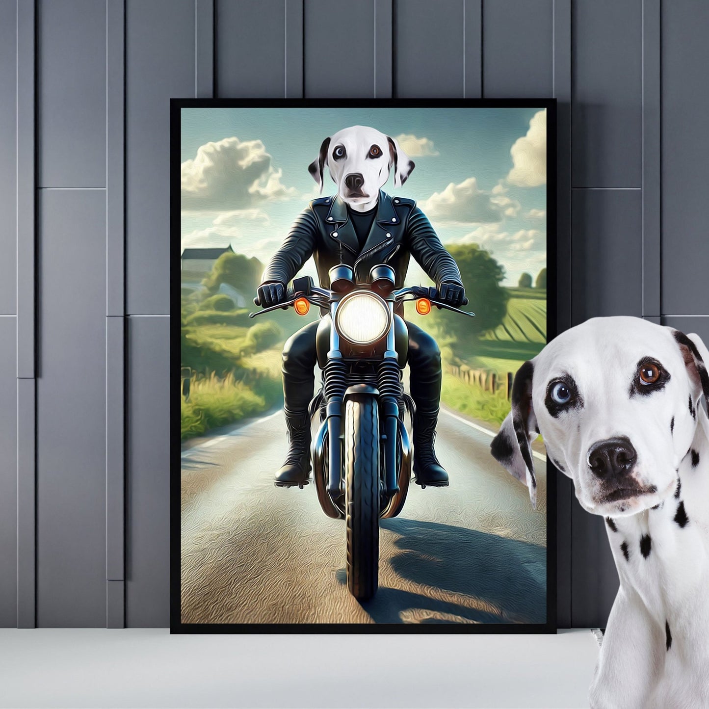 Custom Biker Pet Portrait Pet on Motorbike - Laila Shack