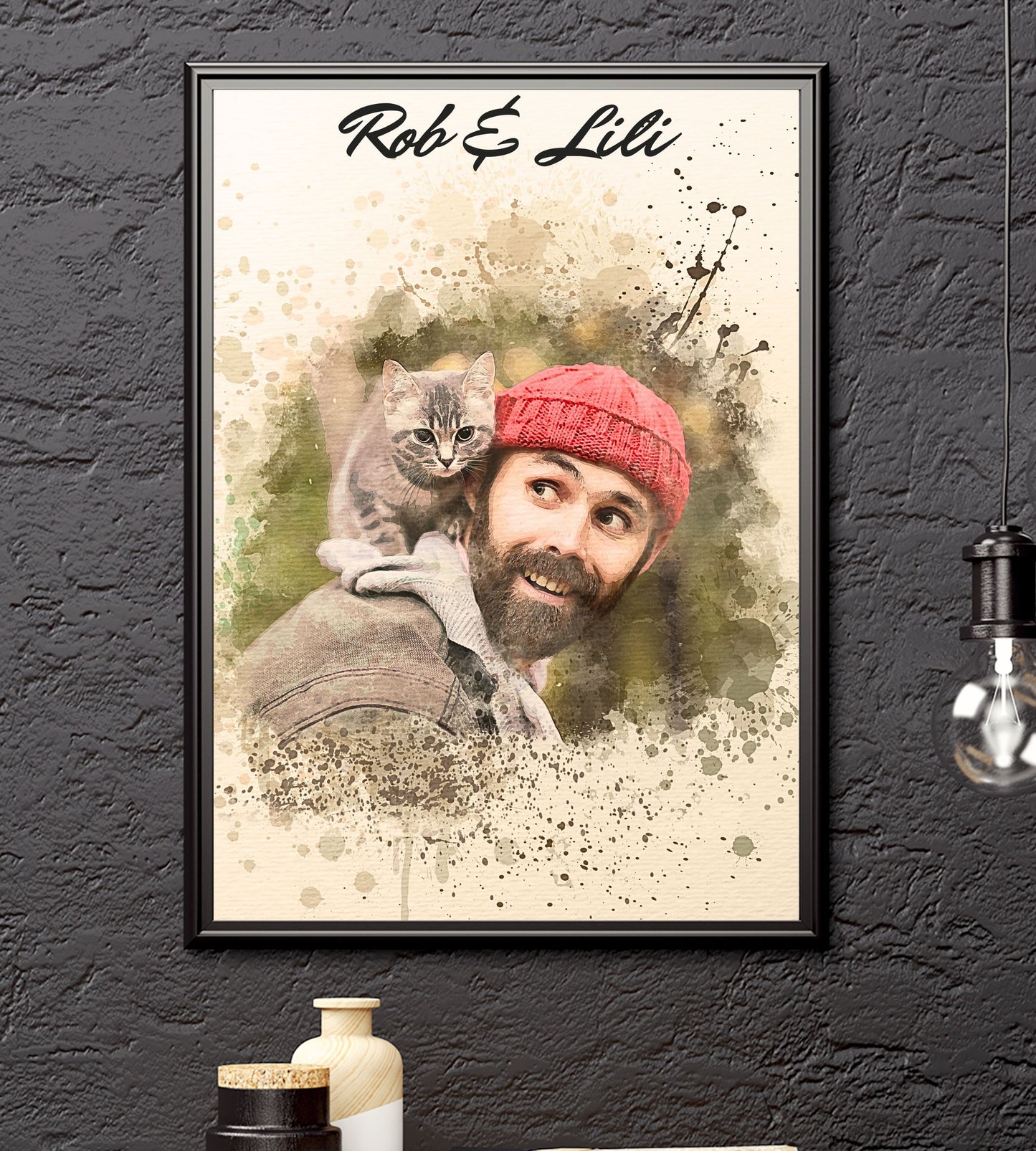 custom watercolour cat and owner portrait