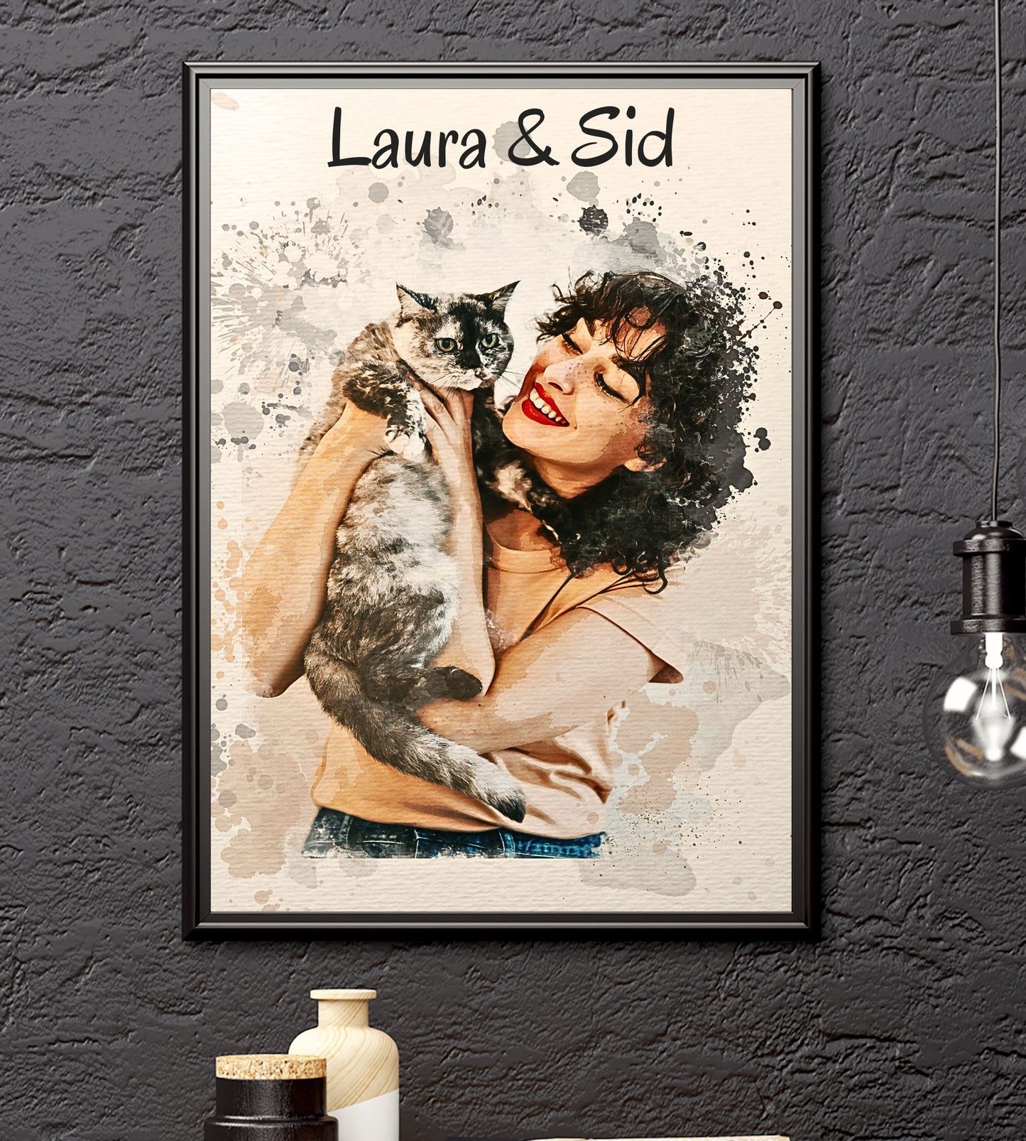 custom watercolour cat and owner portrait