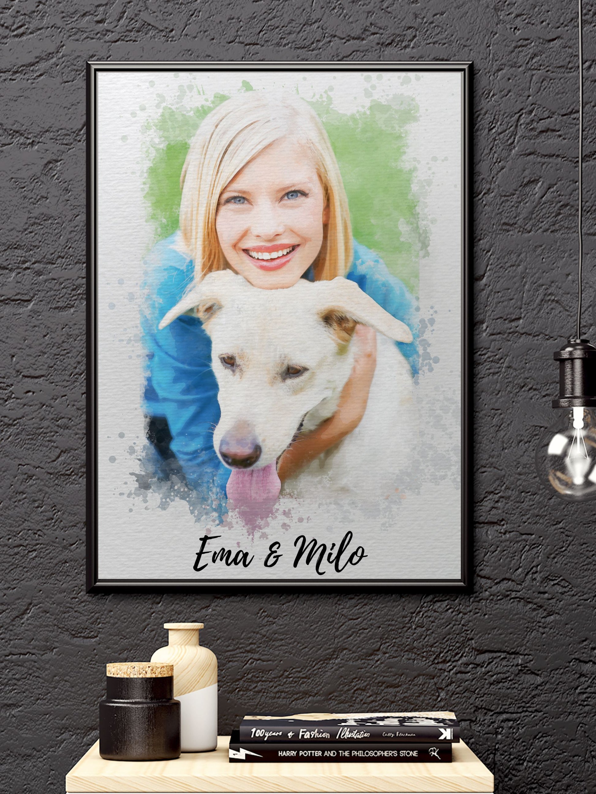 custom watercolour dog and owner portrait