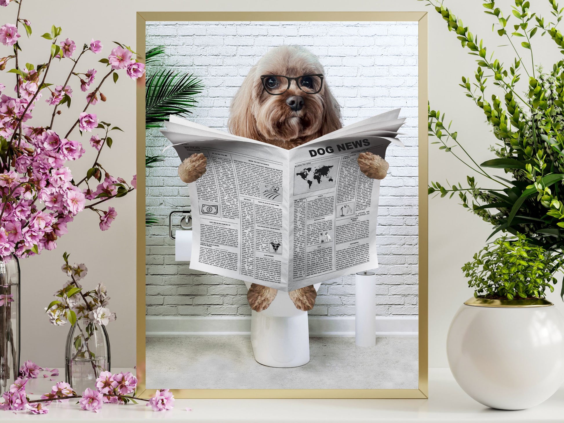 dog on toilet reading newspaper