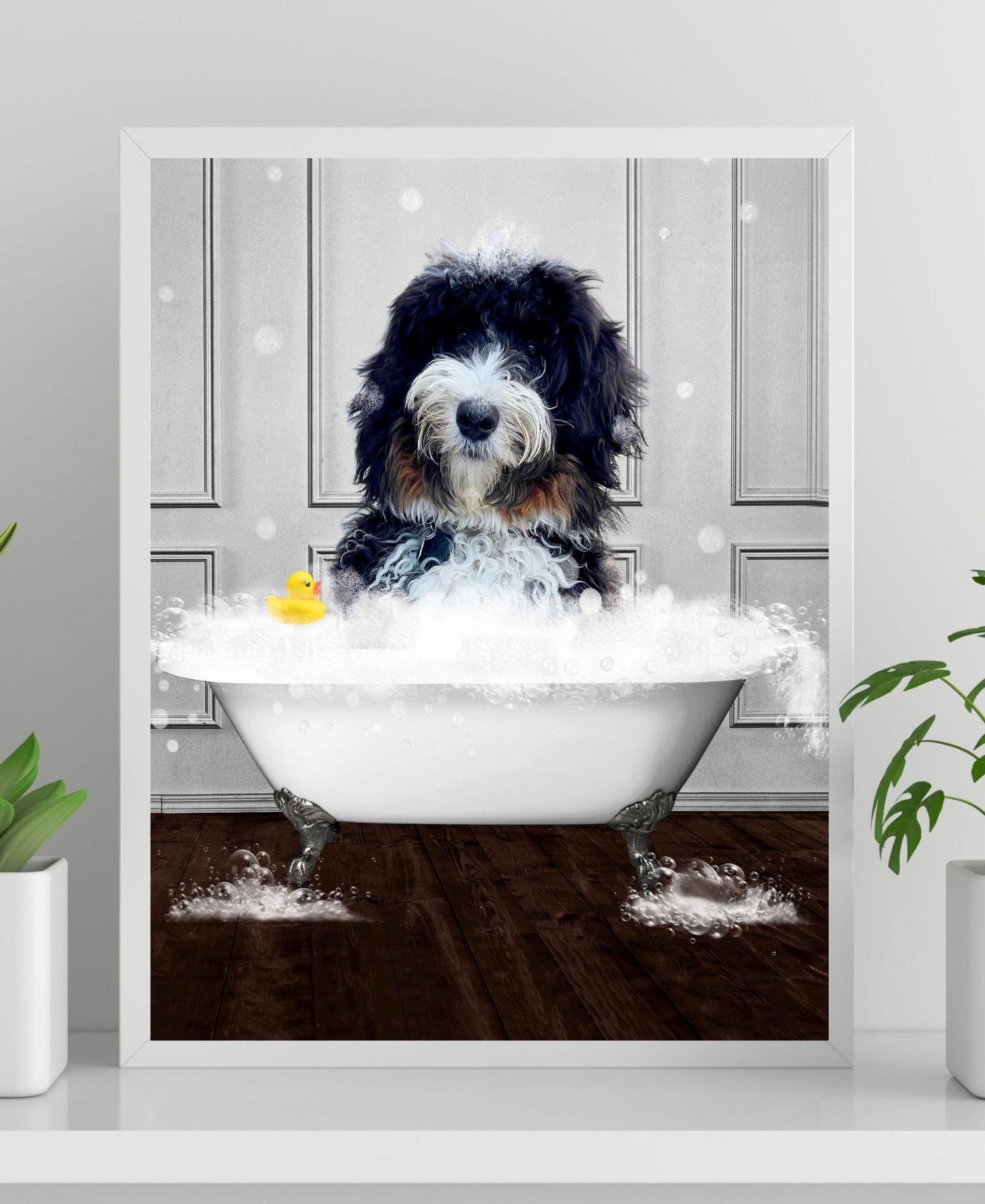 custom dog bubble bath portrait