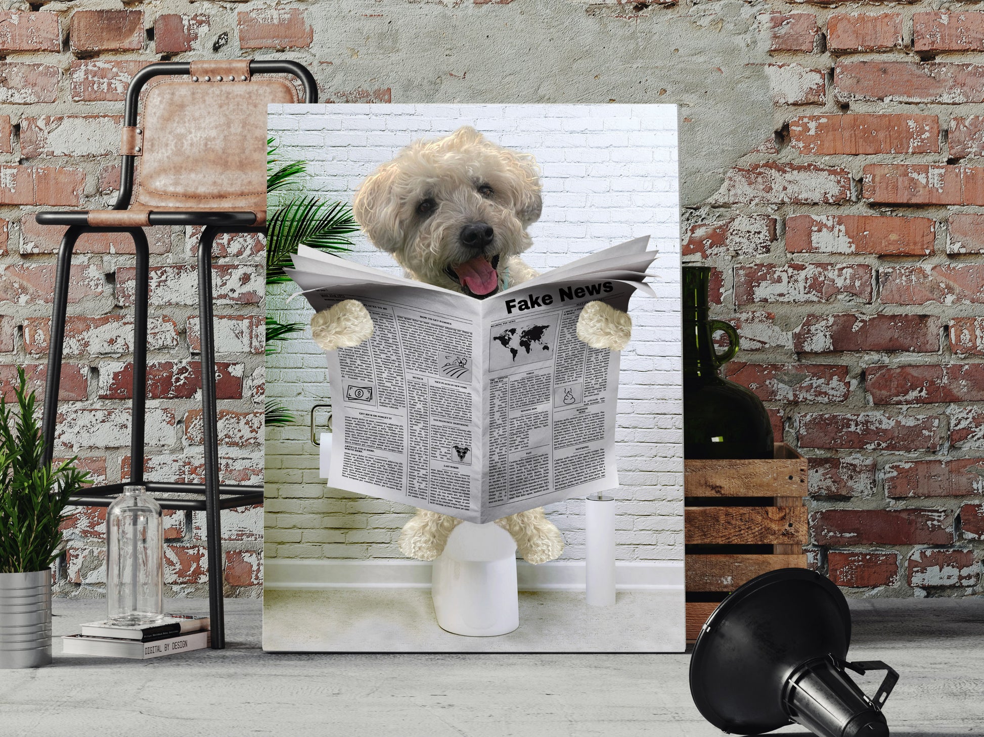 pet reading newspaper on toilet
